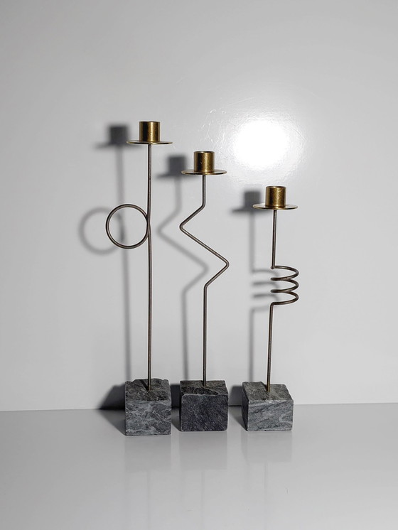 Image 1 of Ikea Krasen Candeliere Set di 3 Portacandele Vintage Postmoderni Anni '80 Pietra Ottone Krasen Ehlén Johansson