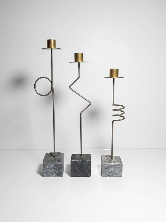 Image 1 of Ikea Krasen Candeliere Set di 3 Portacandele Vintage Postmoderni Anni '80 Pietra Ottone Krasen Ehlén Johansson