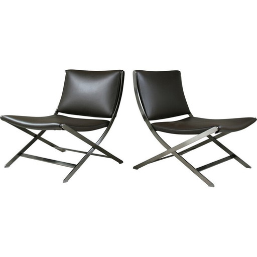 Pair of vintage Flexform armchairs in chrome-plated metal and leather by Antonio Citterio