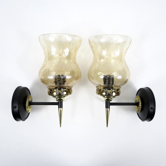 Image 1 of Set of 2 French brass and crackle glass wall lights, 1950s