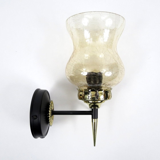 Image 1 of Set of 2 French brass and crackle glass wall lights, 1950s