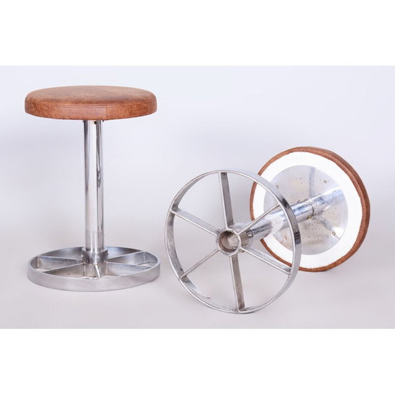 Image 1 of Pair of vintage Bauhaus stools in chrome steel and brown leather, Czechoslovakia 1939