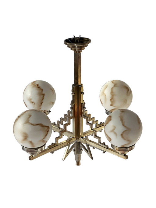 1930S Brass And Nickel Art Deco Chandelier