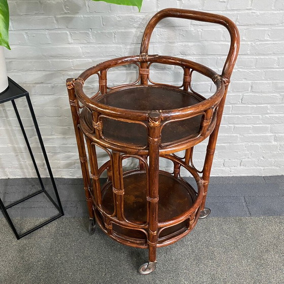 Image 1 of Vintage 2-tier rattan and bamboo bar cart, Italy 1960