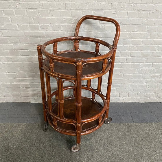 Image 1 of Vintage 2-tier rattan and bamboo bar cart, Italy 1960