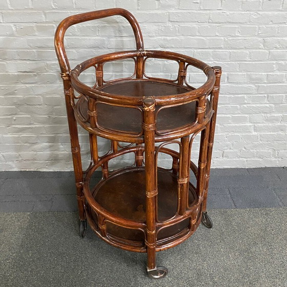 Image 1 of Vintage 2-tier rattan and bamboo bar cart, Italy 1960