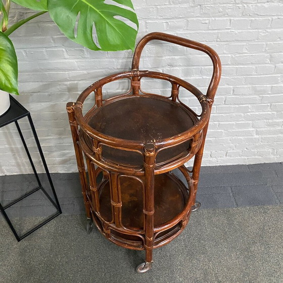 Image 1 of Vintage 2-tier rattan and bamboo bar cart, Italy 1960