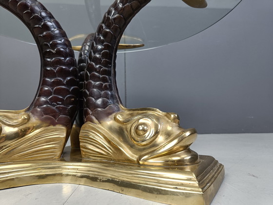 Image 1 of Tavolino da caffè vintage in ottone con carpa koi, anni '60