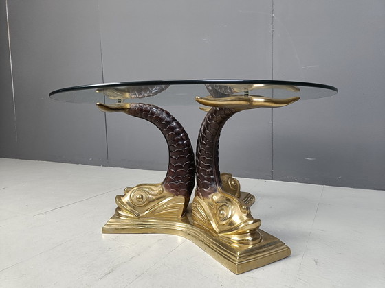 Image 1 of Tavolino da caffè vintage in ottone con carpa koi, anni '60