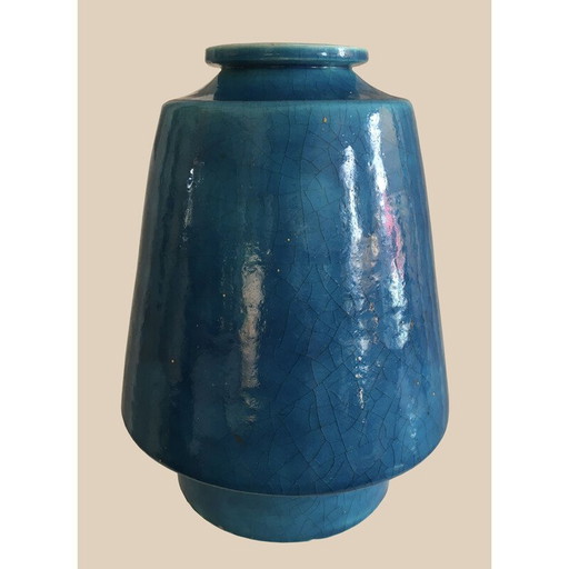 Jarrón vintage "Primavera" de cerámica esmaltada azul de Rosalba, 1930