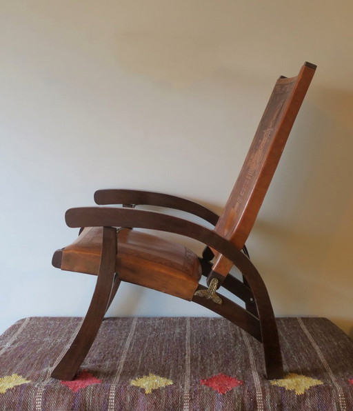 Angel I Pazmino For Muebles De Estilo Teak And Tooled Leather Folding Chair, 1970