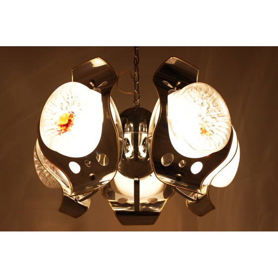 Image 1 of Lampadario vintage in metallo e vetro di Murano per Mazzega, Italia 1970