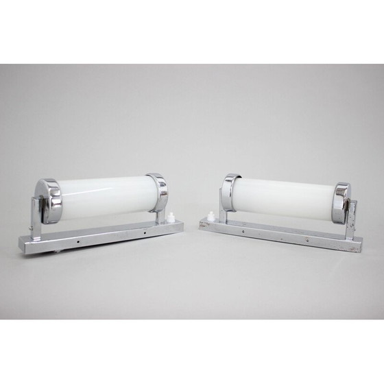 Image 1 of Pair of vintage Bauhaus wall lamp in chrome and opal glass, Czechoslovakia 1930