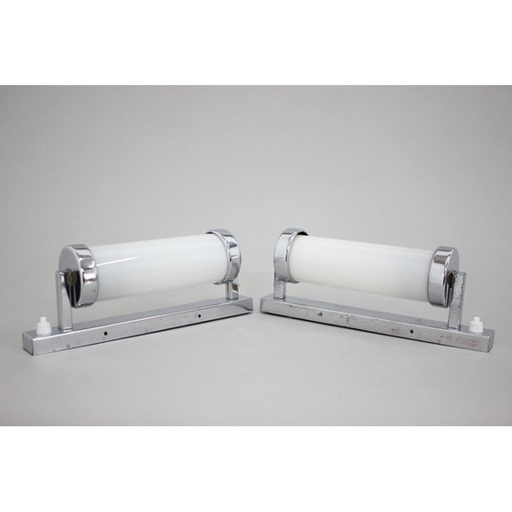 Image 1 of Pair of vintage Bauhaus wall lamp in chrome and opal glass, Czechoslovakia 1930