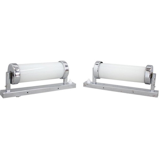 Pair of vintage Bauhaus wall lamp in chrome and opal glass, Czechoslovakia 1930
