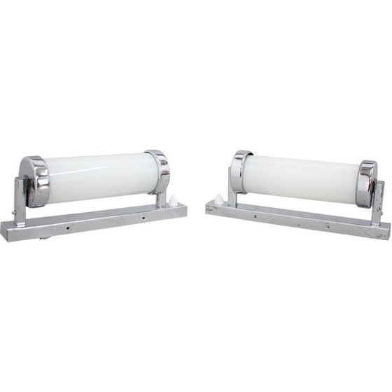 Image 1 of Pair of vintage Bauhaus wall lamp in chrome and opal glass, Czechoslovakia 1930