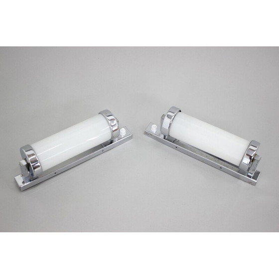 Image 1 of Pair of vintage Bauhaus wall lamp in chrome and opal glass, Czechoslovakia 1930