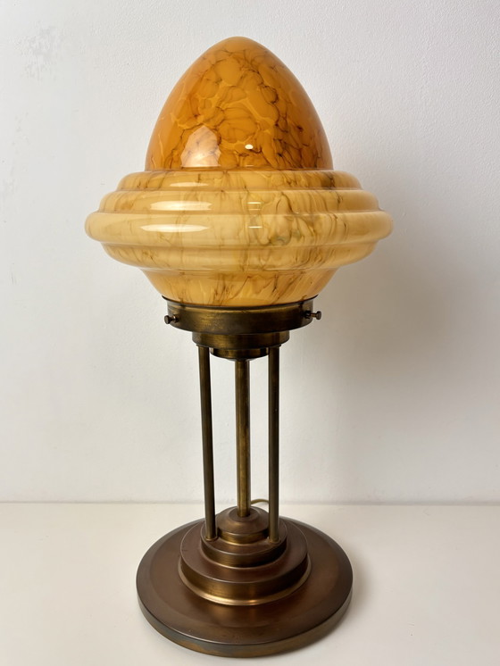 Image 1 of Art Deco Bronze Table Lamp With Marble Look Shade