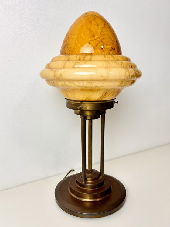 Image 1 of Art Deco Bronze Table Lamp With Marble Look Shade