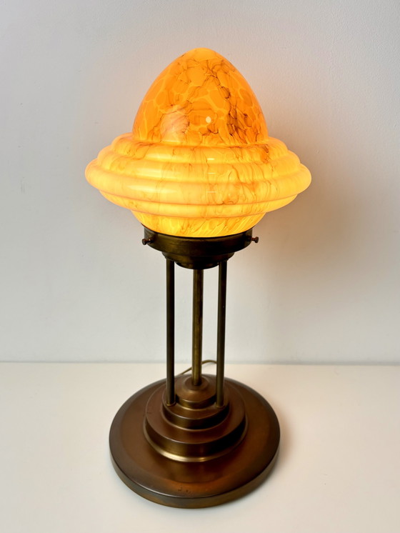 Image 1 of Art Deco Bronze Table Lamp With Marble Look Shade