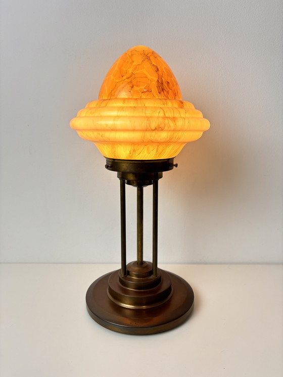 Image 1 of Art Deco Bronze Table Lamp With Marble Look Shade