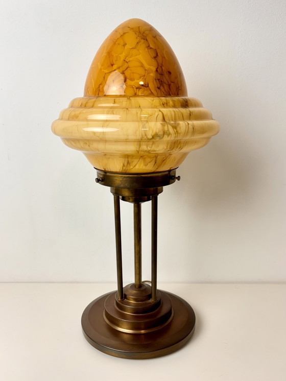 Image 1 of Art Deco Bronze Table Lamp With Marble Look Shade