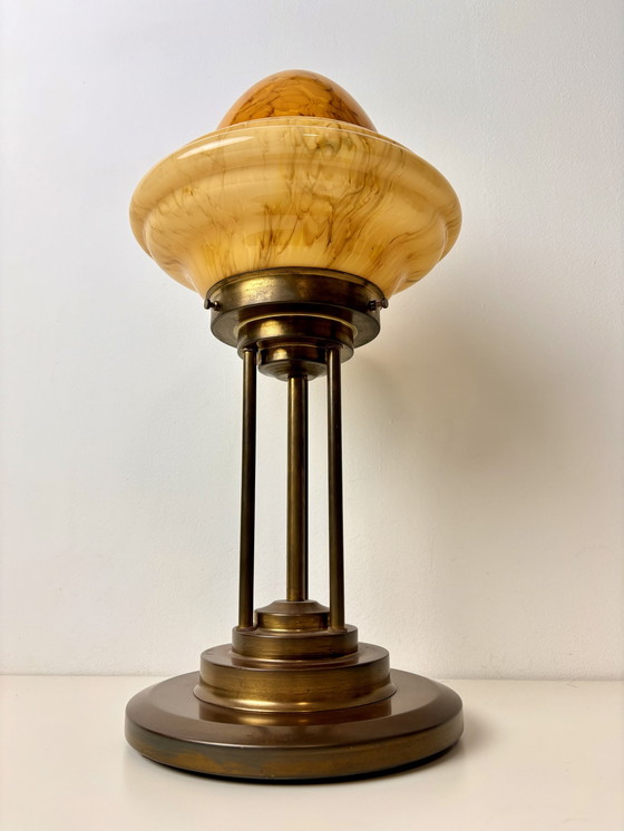 Image 1 of Art Deco Bronze Table Lamp With Marble Look Shade