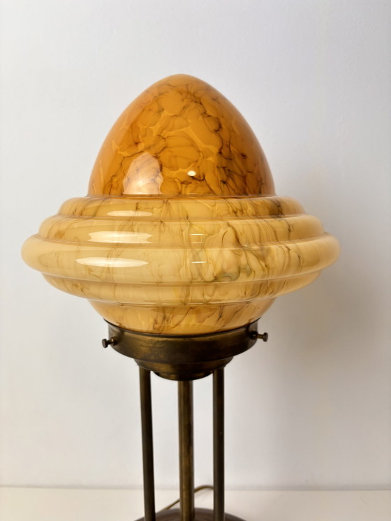 Image 1 of Art Deco Bronze Table Lamp With Marble Look Shade