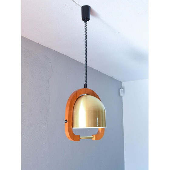 Image 1 of Vintage adjustable chandelier in brass and oak, Italy 1970