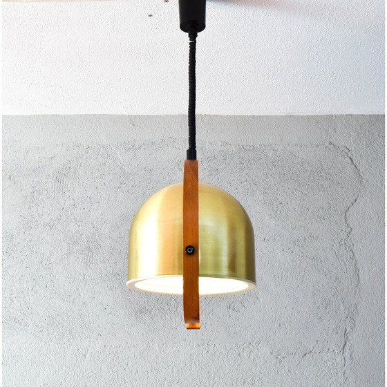 Image 1 of Vintage adjustable chandelier in brass and oak, Italy 1970
