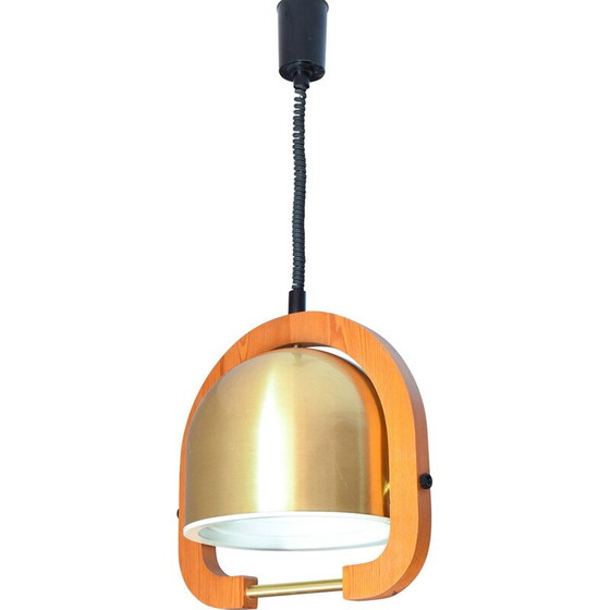 Image 1 of Vintage adjustable chandelier in brass and oak, Italy 1970