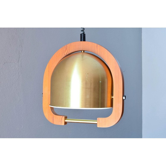 Image 1 of Vintage adjustable chandelier in brass and oak, Italy 1970