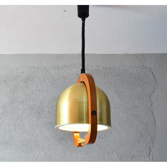 Image 1 of Vintage adjustable chandelier in brass and oak, Italy 1970