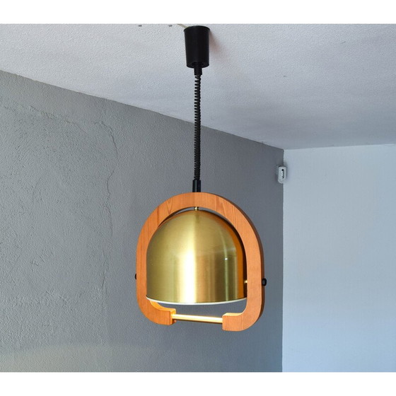 Image 1 of Vintage adjustable chandelier in brass and oak, Italy 1970