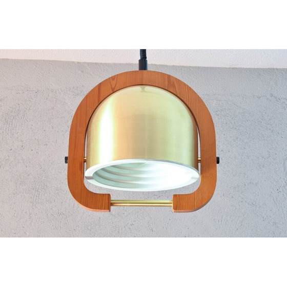 Image 1 of Vintage adjustable chandelier in brass and oak, Italy 1970