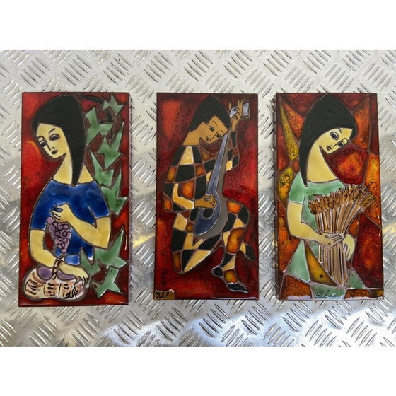 Image 1 of Set of 3 vintage enameled paintings of women, France 1960