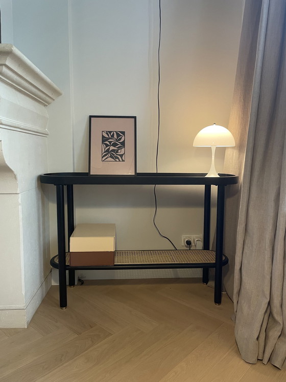 Image 1 of Black Stained Oak Console Table With Rattan