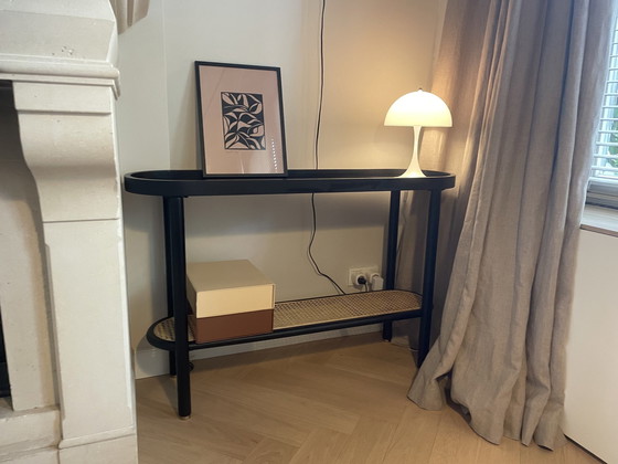 Image 1 of Black Stained Oak Console Table With Rattan