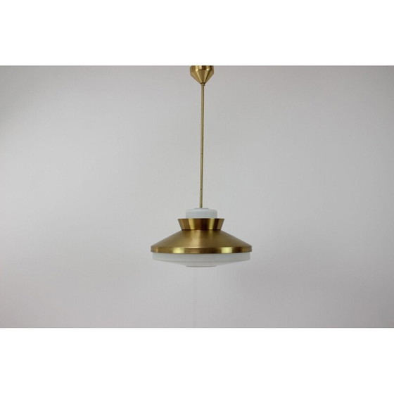 Image 1 of Vintage brass and milk glass chandelier by Valasske Mezirici, Czechoslovakia 1970