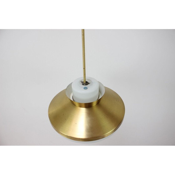 Image 1 of Vintage brass and milk glass chandelier by Valasske Mezirici, Czechoslovakia 1970