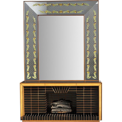 Vintage glass and rosewood sideboard with mirror by Luigi Brusotti, Italy 1990