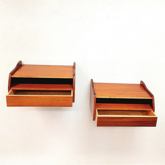 Image 1 of Coppia di comodini da parete vintage svedesi in mogano con cassetto, Svezia anni '50