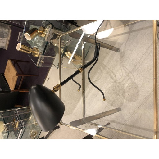 Vintage grasshopper lamp with swivel head in black lacquered metal, 1950