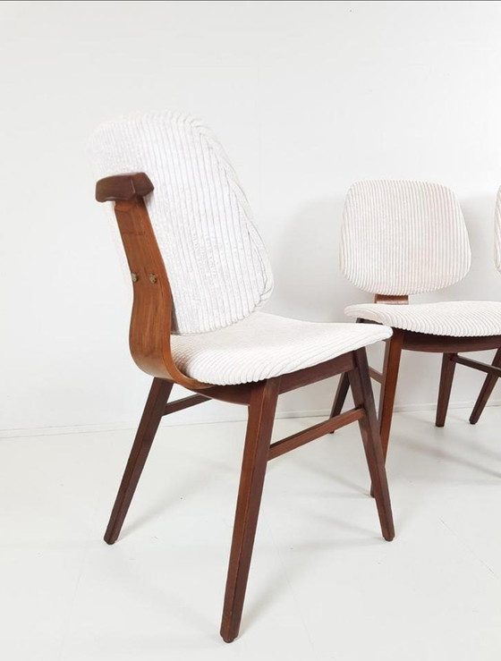 Image 1 of 4 vintage chairs teak cream rib fabric newly upholstered