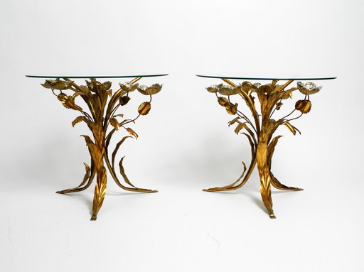 Pair Of Beautiful Gold And Silver Plated Mid Century Florentine Side Tables With Solid Glass Tops