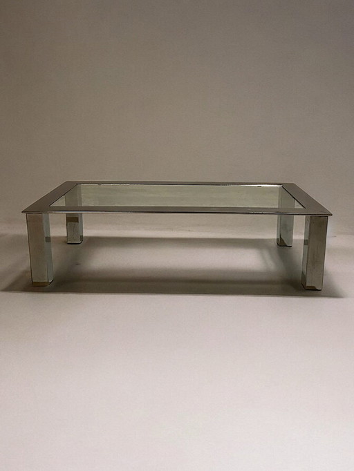 C. 1970 - Chrome-plated Stainless Steel Coffee Table With Glass Top - France -