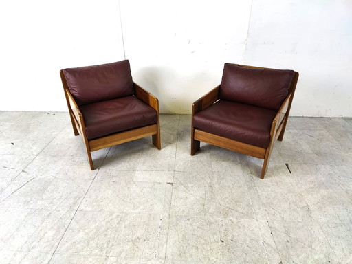 Pair of italian leather armchairs, 1970s 