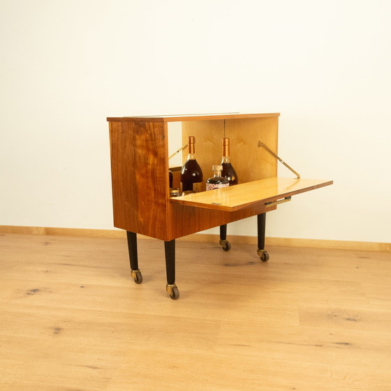 Image 1 of bar cabinet on wheels with mirror, walnut, 1960s