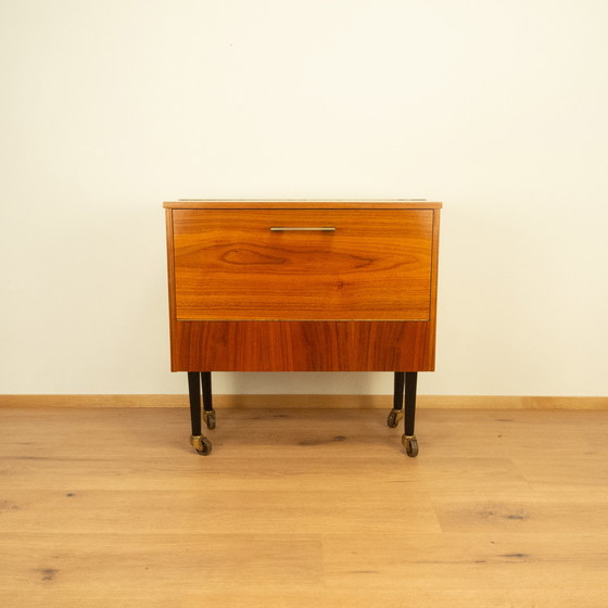 Image 1 of bar cabinet on wheels with mirror, walnut, 1960s