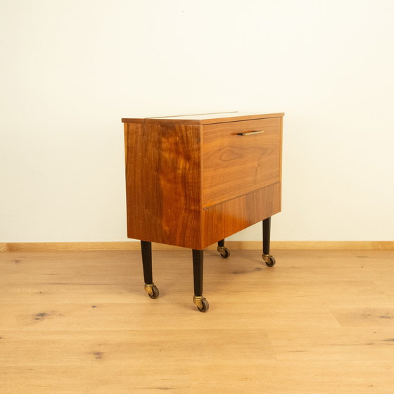 Image 1 of bar cabinet on wheels with mirror, walnut, 1960s